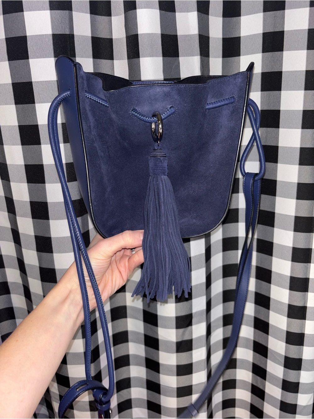 Rebecca Minkoff Navy Lulu Suede Leather Drawstring Bucket Crossbody